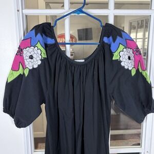 Vintage Appel Black Peasant Maxi Dress Floral Appliqué Puff Sleeve Boho S/M